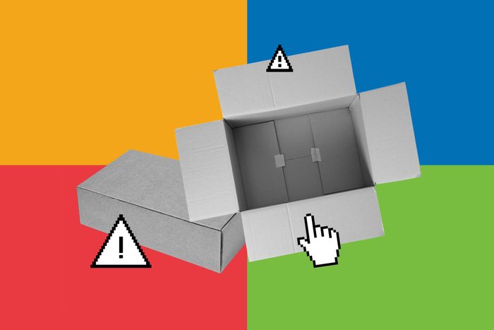 Open cardboard box surrounded by pixelated warning symbols and cursor on a colorful, divided background.