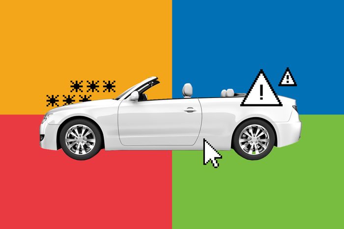 A white convertible car is positioned against a colorful four-quadrant background with pixelated warning icons and cursor.