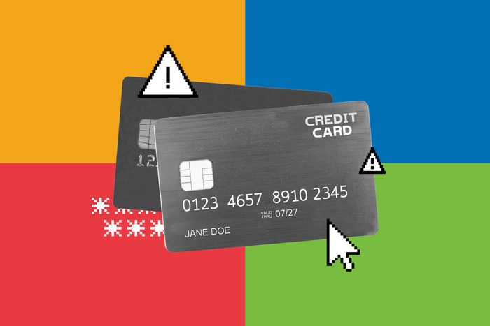 Credit card displays numbers "0123 4657 8910 2345," with "Jane Doe," pixelated cursor, and exclamation icons on a colorful red, yellow, green, blue background.