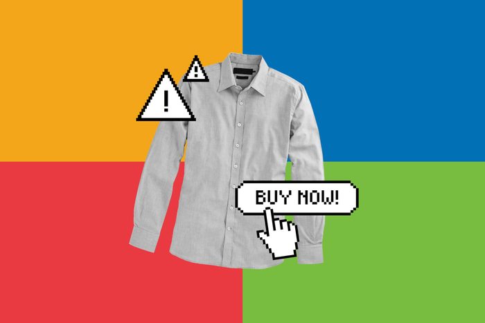 Shirt displayed with pixelated warning triangles and "BUY NOW!" button, set against colorful quadrants in yellow, blue, red, and green.