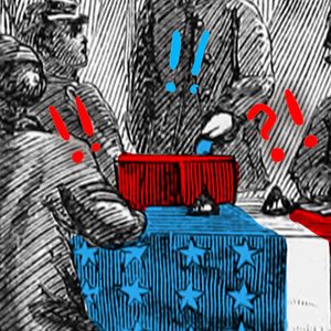 Soldiers cast votes into a ballot box, symbols of excitement and confusion above, in a historical election setting.