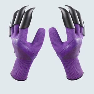Purple gloves feature attached black claw-like extensions, displayed upright against a plain white background.