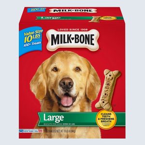 Box shows a smiling dog with a bone-shaped biscuit labeled 