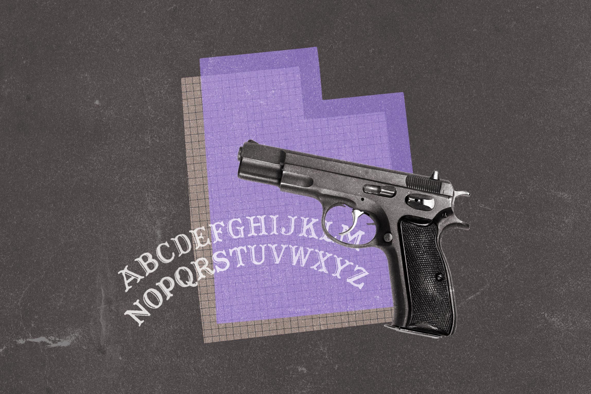 Collage of gun, ouija lettering, and the state of Utah.