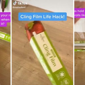 Cling film box with text describing a life hack. Wooden counter shows the demonstration of securing and wrapping film. Text: 