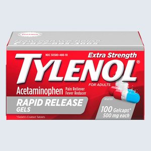 Box displays Tylenol packaging; red background, bold white text. Contains 100 rapid release gelcaps, 500 mg each. Highlights pain relief and fever reduction.