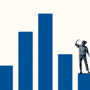 Person stands on a blue bar graph, shielding eyes, against a light background; bars vary in height.