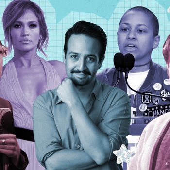 Collage of five people posing, two holding microphones, with a colorful, patterned background featuring stars and grid designs.