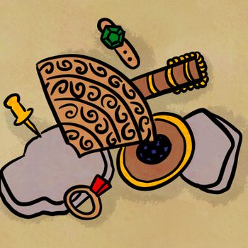 A patterned brown shield overlays gray rocks, surrounded by a green wristband, yellow thumbtack, and magnifying glass on a beige background.