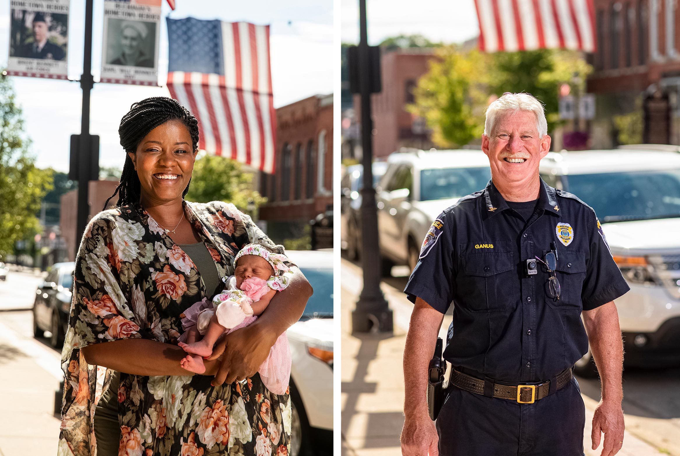 left: Deejra Lee and her baby, Dayna Rae; right: police chief Tim Ganus