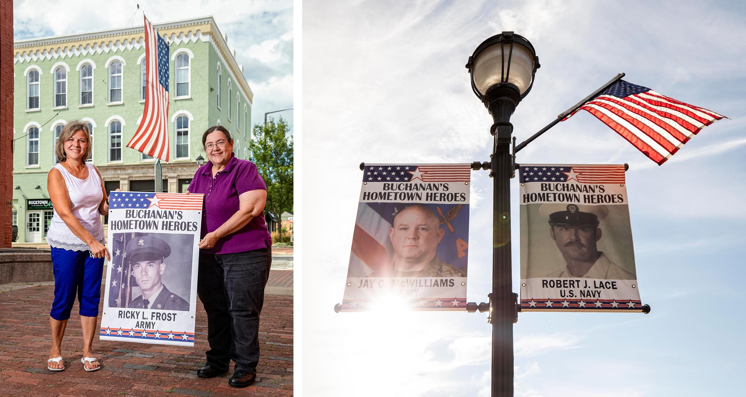left: Mickey Frost and Mayor Patricia Moore pose with a banner; right: banner catch the sun on a lamppost