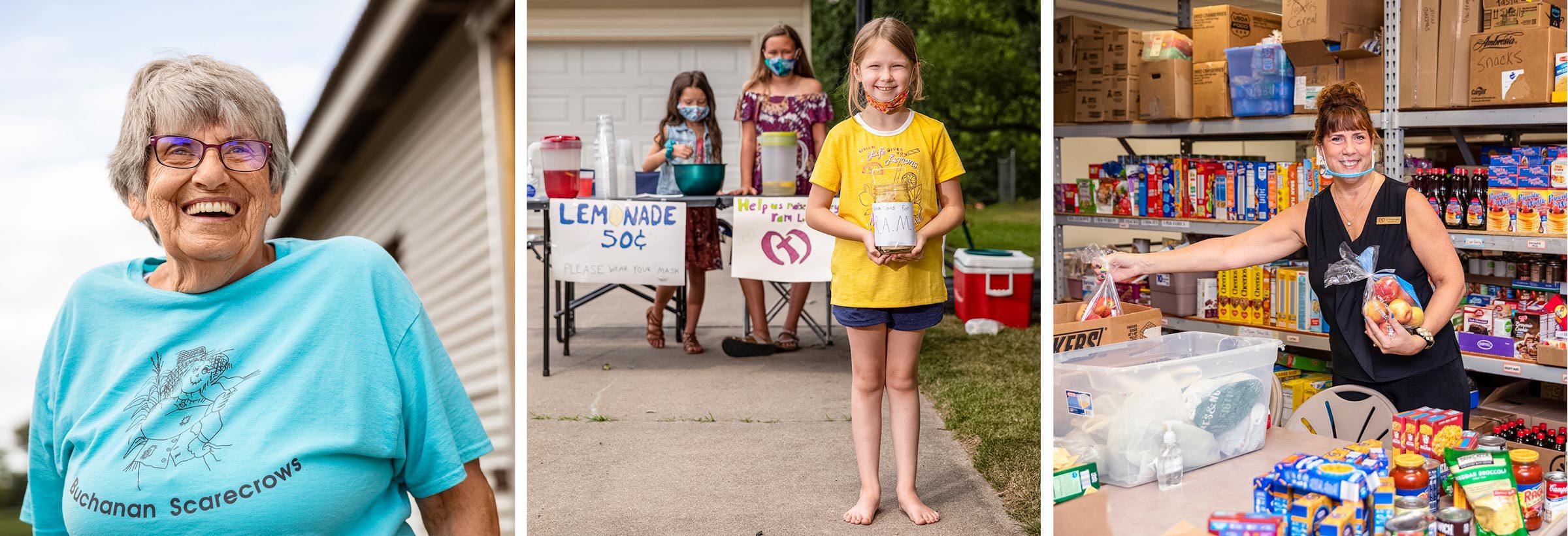from left: Mary Fisher of the Scarecrow Factory; girls raising money for RAM by selling lemonade; Jan Nowak-Walters of the RAM