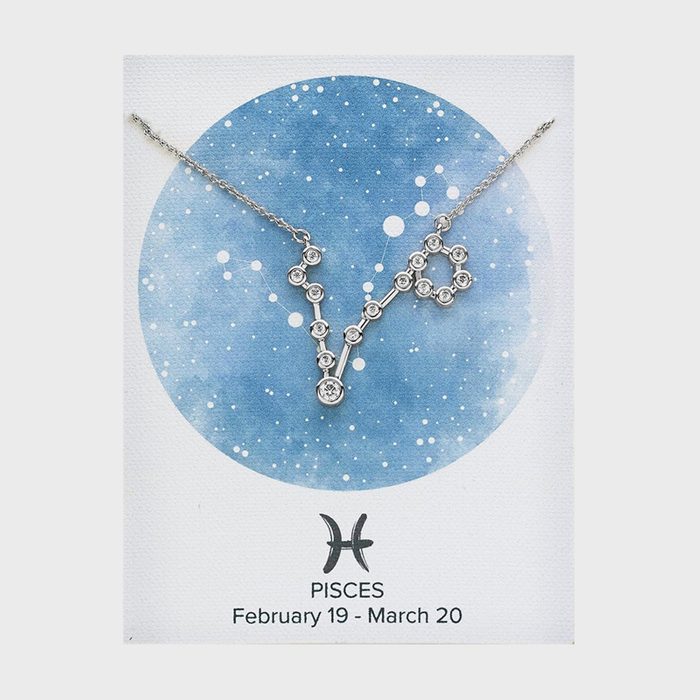 Necklace over blue starry background, arranged as Pisces constellation. Below, text reads: 