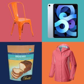 Orange chair stands over red background; tablet displays swirling blue design; bread mix package sits against dark background; pink jacket hangs over an orange backdrop.