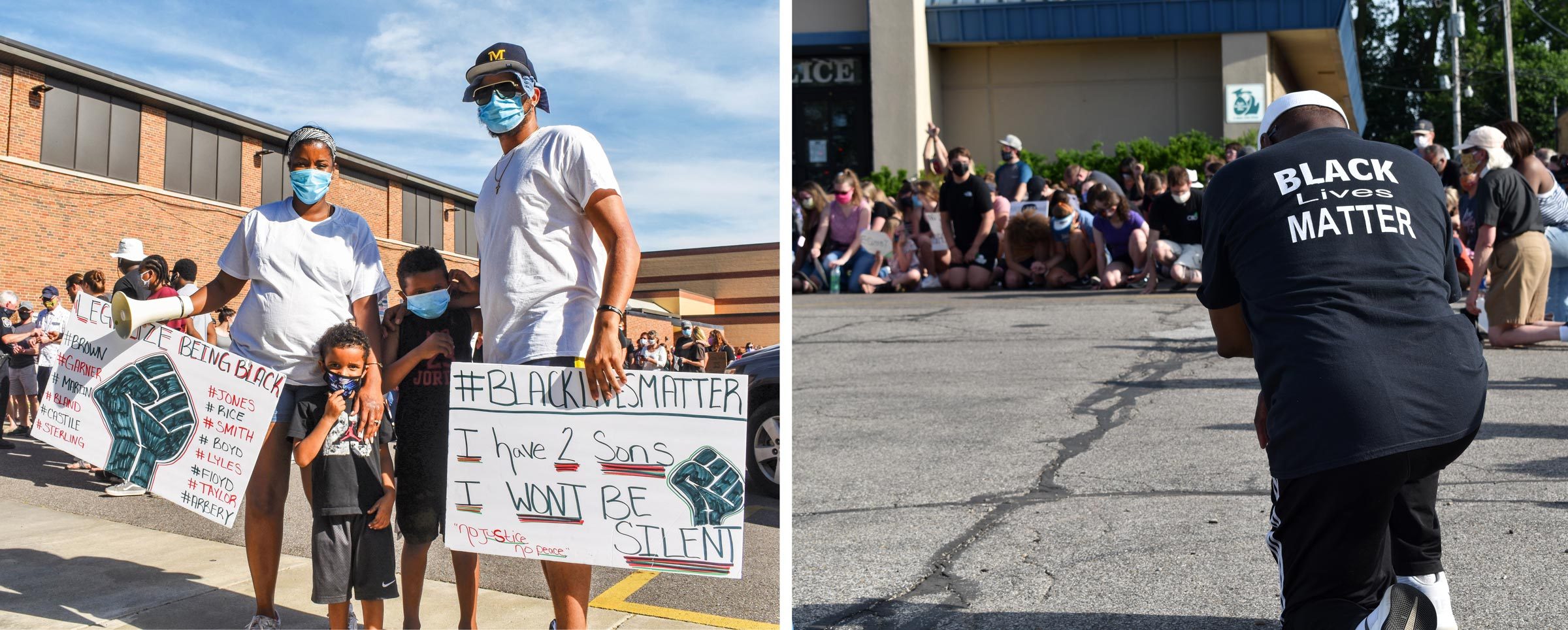 left: Deejra and her family with their protest signs; right: kneeling outside the police station