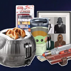 Toaster browns bread in a Death Star shape; surrounded by a cup, lip balm, wall art, and a toy blaster, all Star Wars-themed.