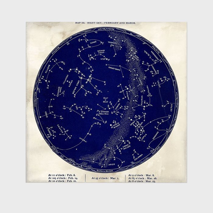Star map shows constellations, depicting February and March night sky, surrounded by labeled boundaries. Timing details list specific observation dates and hours.