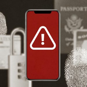 Smartphone displays warning symbol, surrounded by fingerprints, passport, social security card, and padlock, suggesting concern with identity and security.