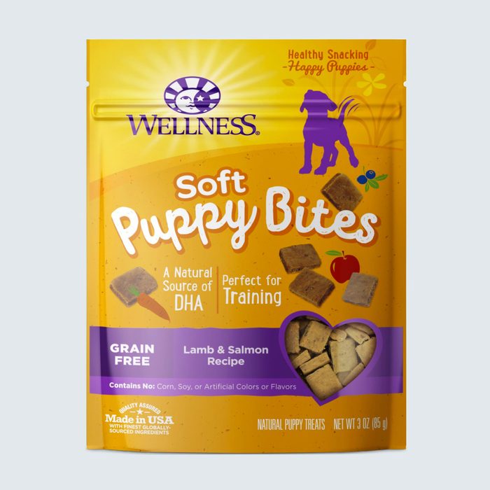 Packaged puppy treats; labeled 