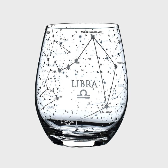 Glass displays Libra constellation with star map patterns, surrounded by names of celestial bodies on a transparent background.