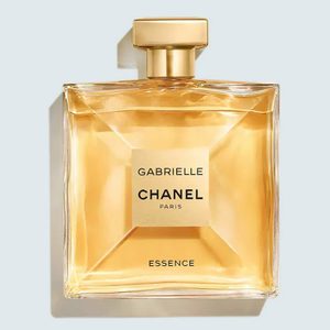 Square perfume bottle labeled 