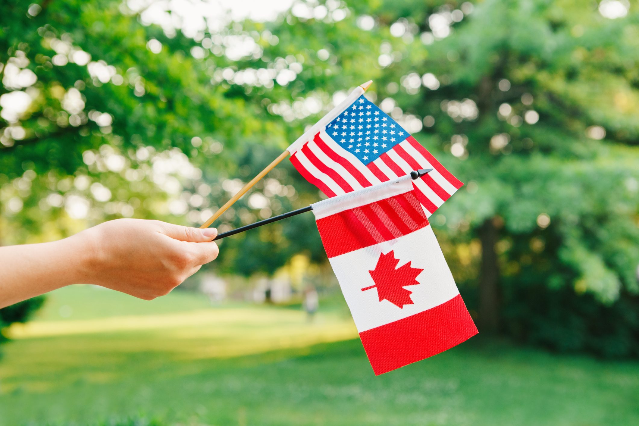 Cropped Hand Of Person Holding two miniature flags: american flag and canadian flag
