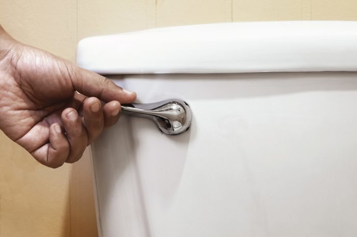 Close-Up Of Hand Holding Flush In Toilet