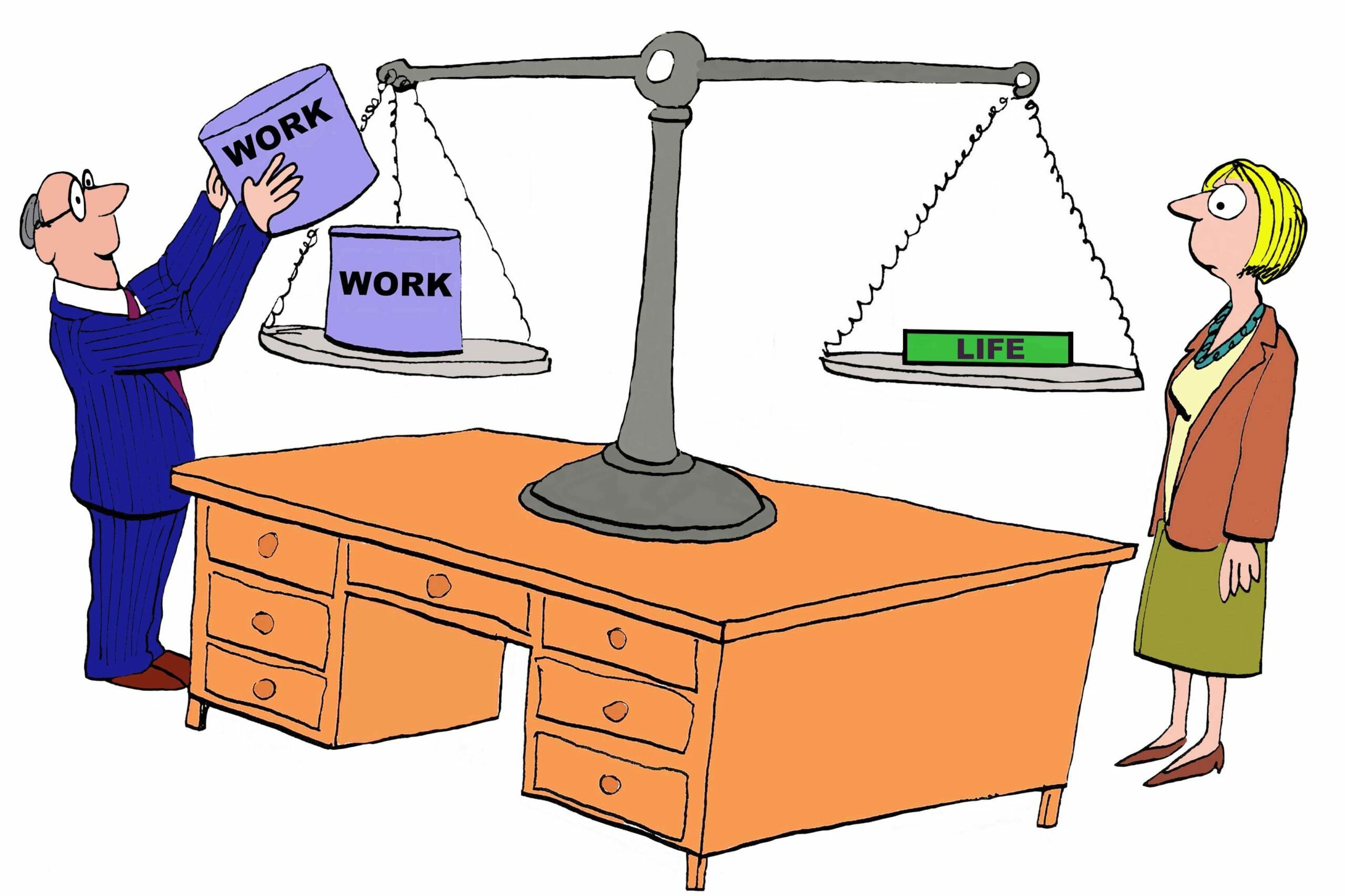 Scales balance two "WORK" cylinders against small "LIFE" block on a desk; man adds weight while woman watches.