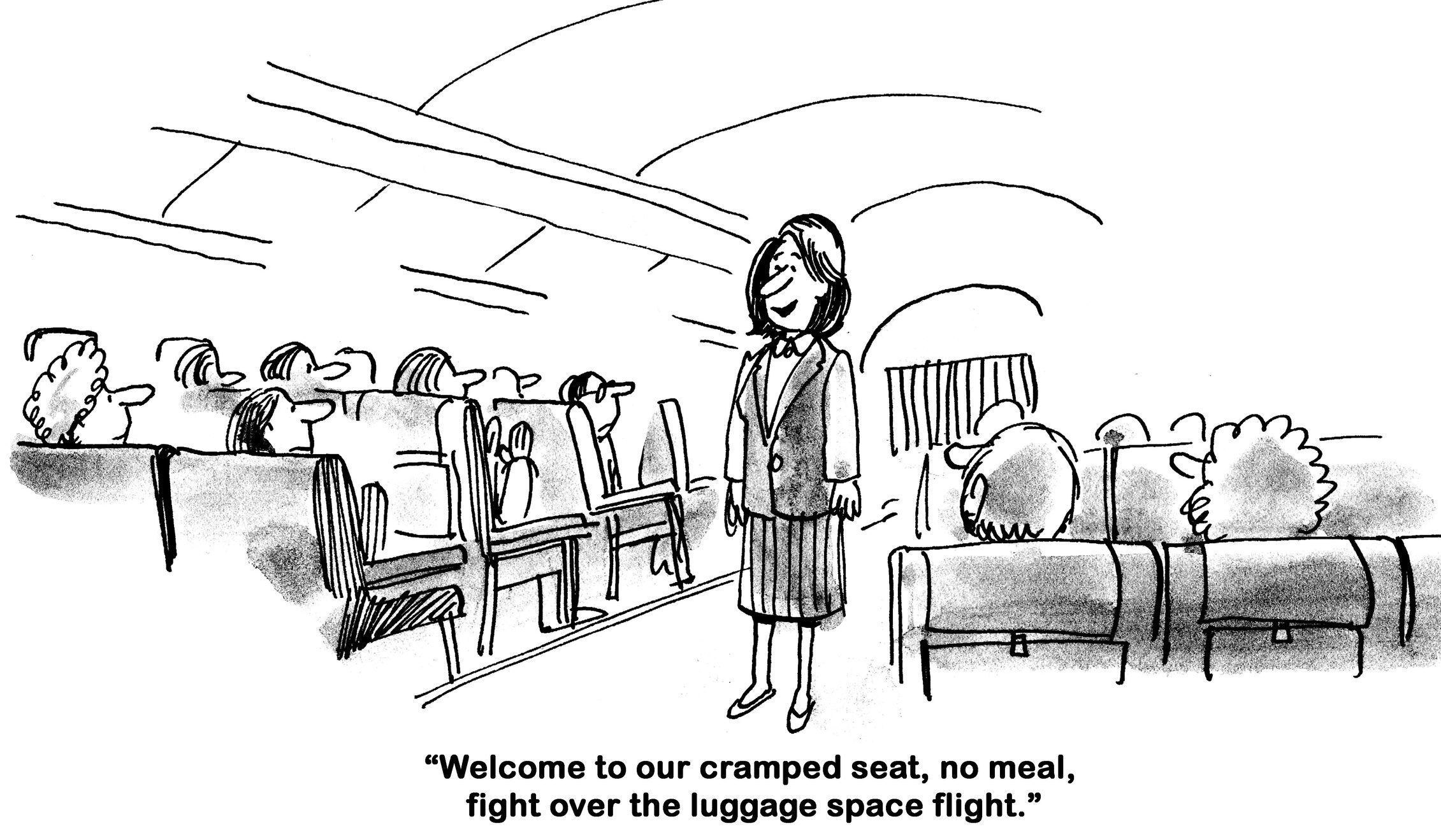 Flight attendant greets passengers in cramped airplane cabin. Caption reads, "Welcome to our cramped seat, no meal, fight over the luggage space flight."