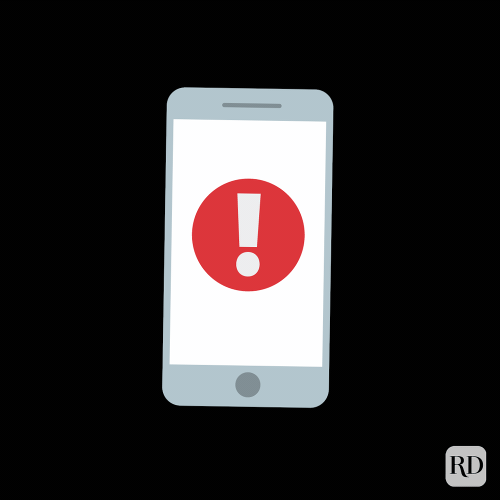 A smartphone screen displays a prominent red exclamation mark inside a circle, suggesting an alert or notification, on a black background.