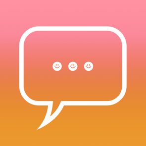 Speech bubble containing three smiley faces, suspended against a pink and orange gradient background.