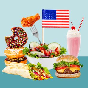 A colorful food collage displays a donut, salad, burger, wrap, and milkshake with an American flag, set against a light teal background.
