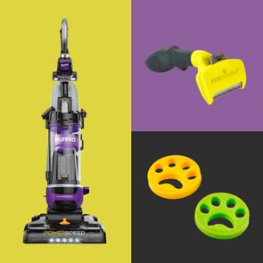 A vacuum stands upright on a yellow background; a yellow pet brush and paw-shaped silicone molds are displayed on purple and black backgrounds.