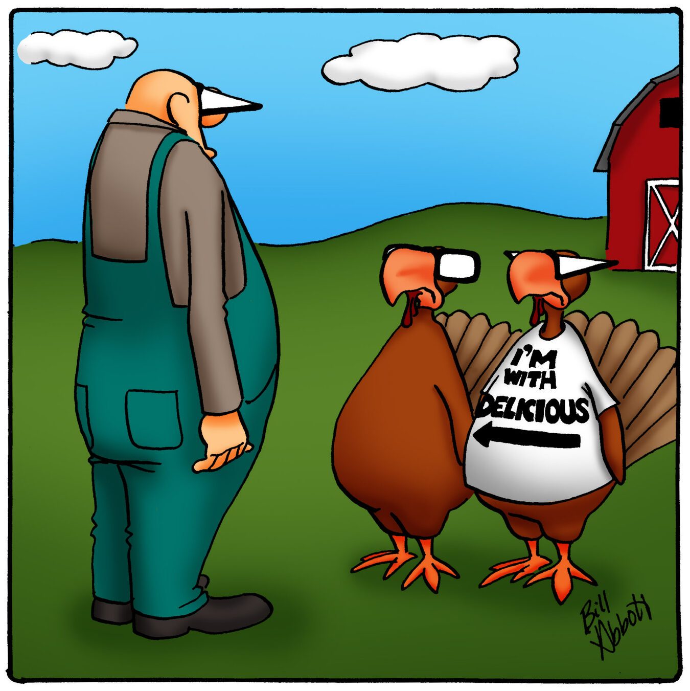 Turkeys wearing fake noses stand next to a farmer on a farm. One turkey wears a shirt reading "I'M WITH DELICIOUS" with an arrow.