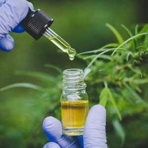 A gloved hand holds a dropper releasing liquid into a small glass bottle, with green foliage in the background.