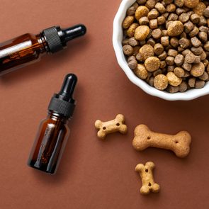 Two dropper bottles lie beside a white bowl filled with pet food, surrounded by bone-shaped dog biscuits on a brown background.