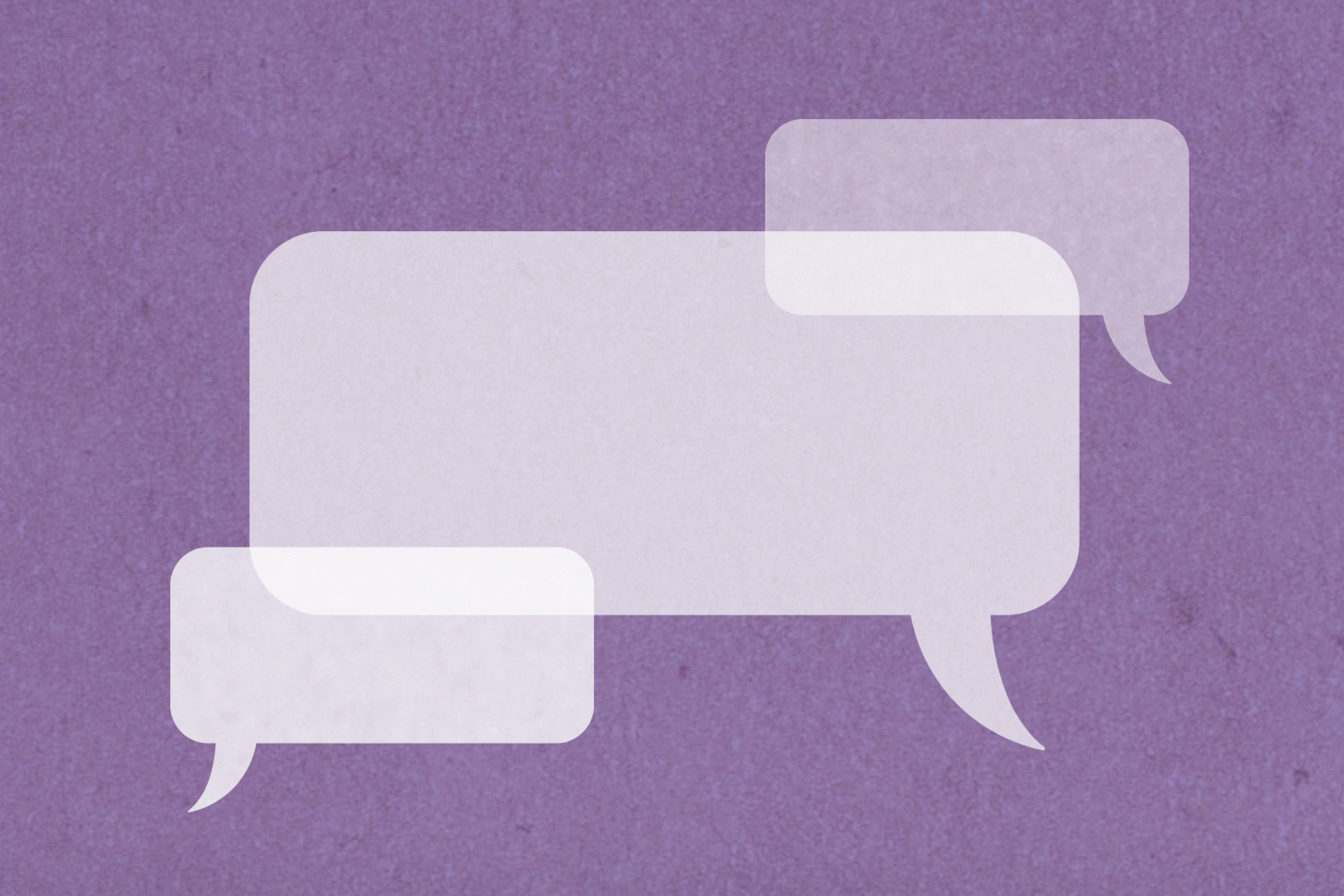 Three blank speech bubbles overlap in center, floating over a textured purple background.