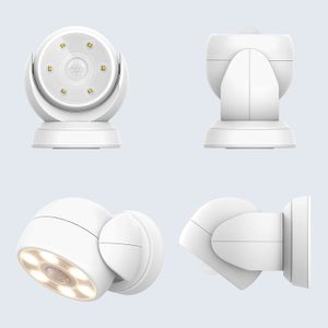 A white, spherical LED security light is shown from multiple angles, illustrating its adjustable design on a light gray background.