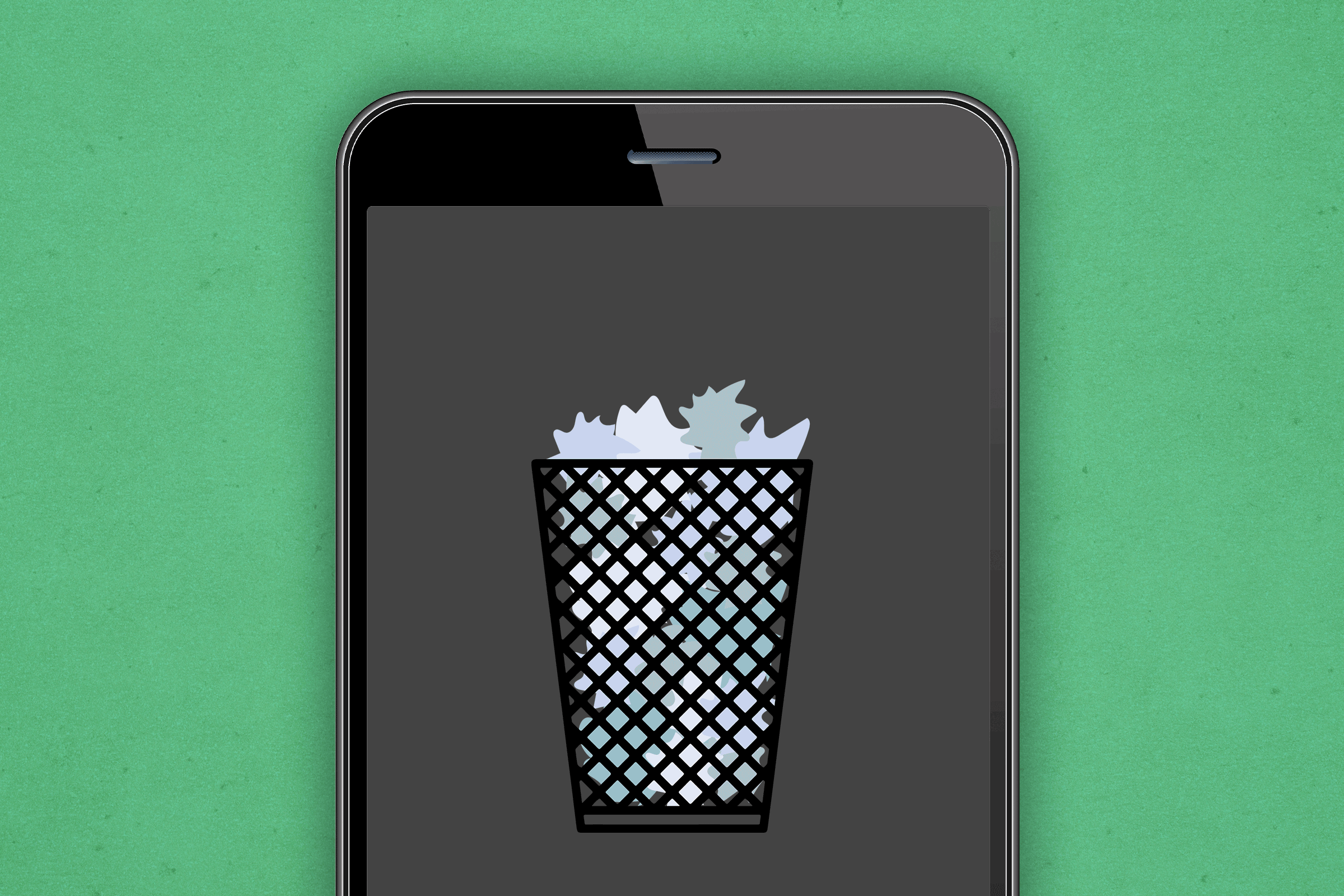 Smartphone screen displays a trash bin icon filled with crumpled paper against a green background.