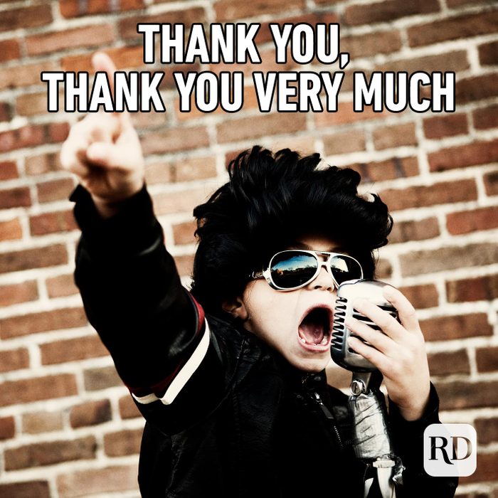 Child dressed as Elvis. Meme text: Thank you, thank you very much.