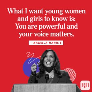 A woman speaks at a podium, smiling confidently. Text on red background reads: â€œWhat I want young women and girls to know is: You are powerful and your voice matters.â€
