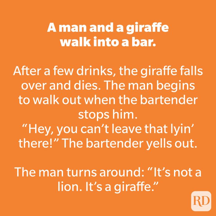 A man and a giraffe walk into a bar.