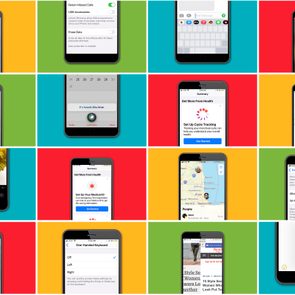 Collage of smartphone screens displaying various apps and settings, set against colorful backgrounds, demonstrating features like health tracking, maps, and camera options.
