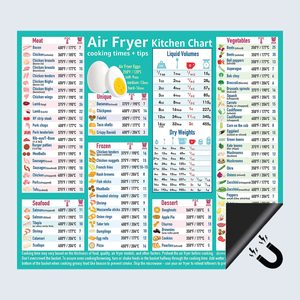 Chart lists air fryer cooking times for various foods, including meat, seafood, vegetables, and desserts, with Fahrenheit and Celsius temperatures. Includes liquid volumes and dry weights.