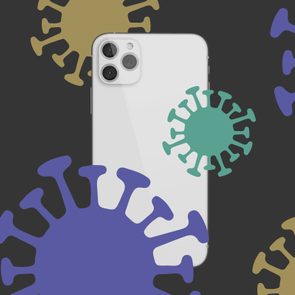 Smartphone surrounded by colorful virus-like illustrations, against a dark background.