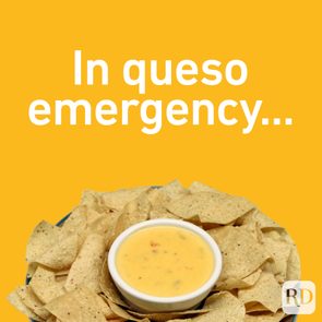 A bowl of cheese dip sits surrounded by tortilla chips on a yellow background with text reading â€œIn queso emergencyâ€¦