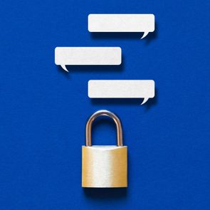 A golden padlock sits beneath three blank speech bubbles on a solid blue background.