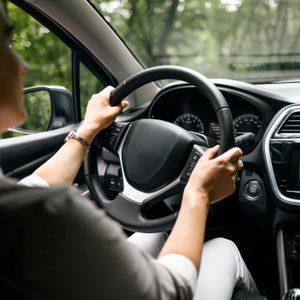 Person drives a car through a wooded area, hands on the steering wheel, dashboard and side mirror visible.