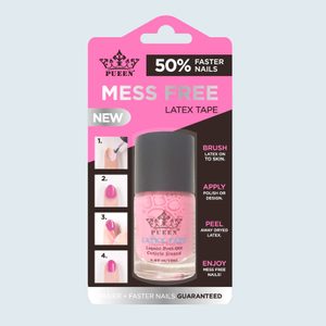Nail polish bottle displayed with instructional text, illustrating steps to apply and peel latex tape for mess-free nail application on a pink and black package.
