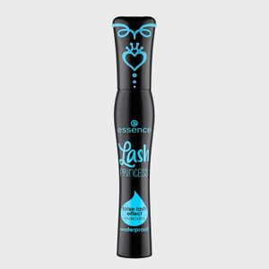 Mascara bottle stands vertically, detailed with blue decorative accents and text reading 
